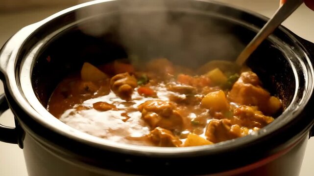 Steaming Chicken Curry Simmers in a Crock-Pot, Golden Brown and Ready to Serve at Dinner Time