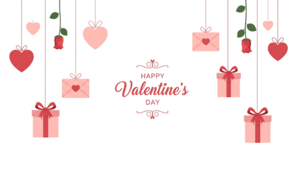 Happy Valentine's Day – Hanging Hearts, Roses, Gifts, and Romantic Icons