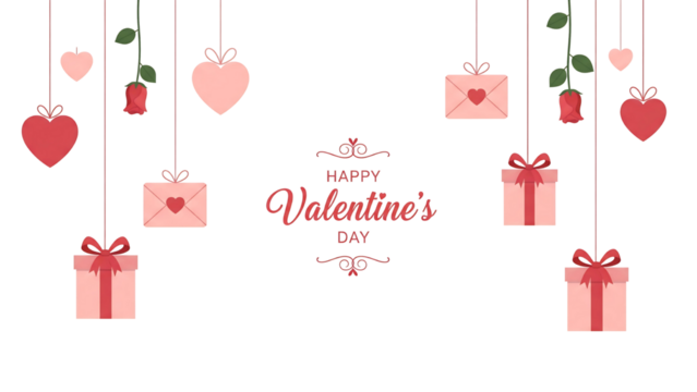 Happy Valentine's Day – Hanging Hearts, Roses, Gifts, and Romantic Icons