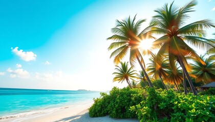 Fototapeta premium Sun-drenched Caribbean beach, turquoise water, swaying palm trees, vibrant tropical scene, caribbean, holiday