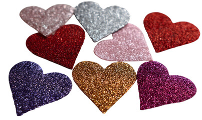 Obraz premium Shiny set of glitter heart stickers isolate on whitebackground, set includes rd, pink, silver, purple an gold sparkling shapes, roantic isolate concept for alentine decor
