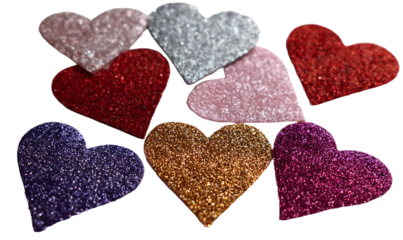 Shiny set of glitter heart stickers isolate on whitebackground, set includes rd, pink, silver, purple an gold sparkling shapes, roantic isolate concept for alentine decor
