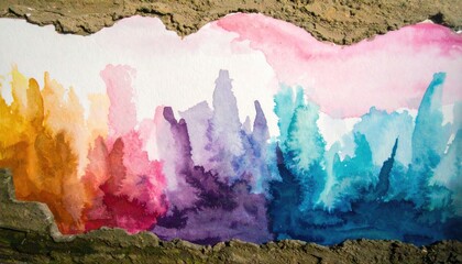 Watercolor vista vibrant hues bleed across paper, framed by rough, earthy borders, suggesting nature's abstract landscape