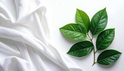 Soft white draped fabric contrasts with vibrant green leaves laid on a bright surface. Simple elegance with natural elements