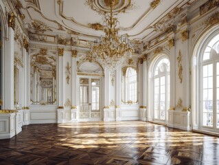 Obraz premium A grand, opulent ballroom boasts intricate gold detailing, gleaming white walls, and a rich, wooden parquet floor.