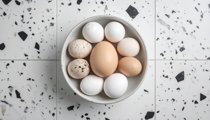 Top-down shot A ceramic bowl filled with assorted chicken eggs - white, speckled, and brown - against a speckled, tiled background