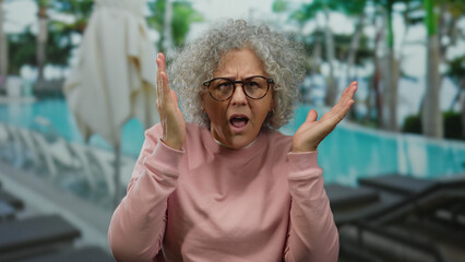 Woman gesturing outdoors at resort poolside wearing pink shirt with grey curls and glasses showcasing tropical leisure vacation setting.