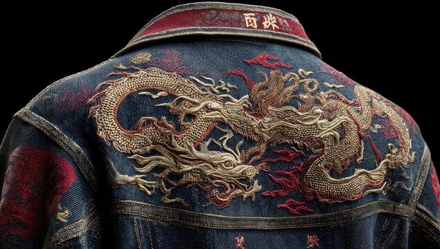 Back of denim jacket, embroidered dragon