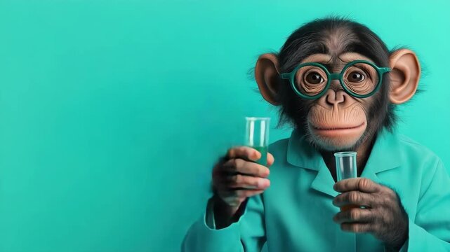 Chimpanzee scientist in glasses holding test tubes in a laboratory setting