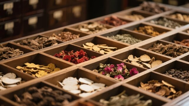 Traditional Chinese Medicine Shop with Herb Cabinets, Dried Goods, and Tonics Background