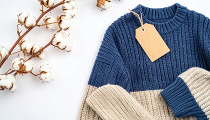 A knitted blue and beige sweater with a blank tag, arranged alongside cotton branches, is displayed on a white surface in a flat lay composition