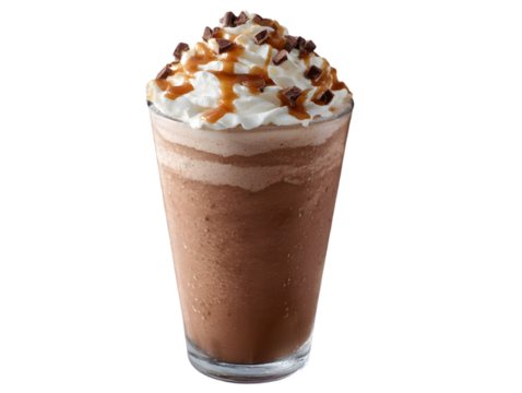 Indulgent Iced Beverage: A refreshing and artistic image of a tall, delectable beverage, showcasing layers of creamy textures and tantalizing toppings.