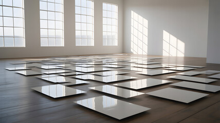 Obraz premium Geometric arrangement of reflective squares on a wooden floor in a sunlit room