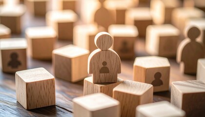 Wooden figures and cubes on a table, with the central figure standing on a pedestal of cubes. Focus on leadership or community theme