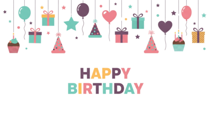 Happy Birthday – Hanging Cupcakes, Balloons, Gifts, and Colorful Typography
