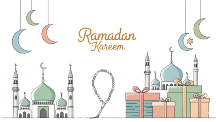 Ramadan Kareem – Mosque Silhouettes with Crescent Moons, Stars, and Tasbih