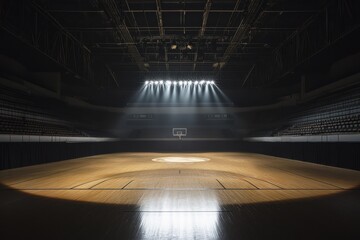 An empty basketball arena glows under dramatic spotlight illumination, highlighting the wooden court floor.