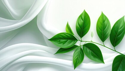 Green branch with leaves gently resting against a flowing white fabric background, creating a soft, delicate composition