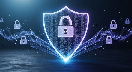 Illustration of digital shield with padlock and binary code, representing cybersecurity and data protection