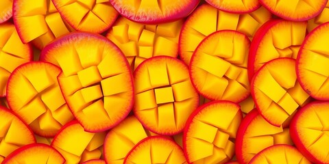 Fototapeta premium Vibrant mango slices seamlessly arranged in a repeating pattern, delicious, geometric