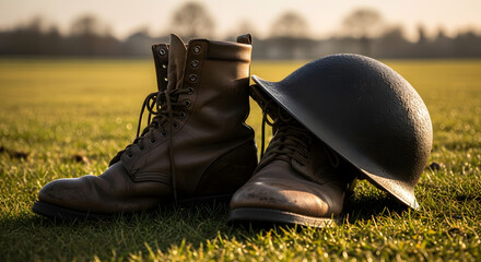 Remembrance: Boots and Helmet on Green Field