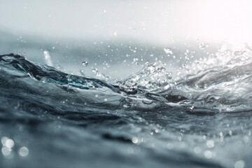 Close shot of glistening water surface with droplets and shimmering light