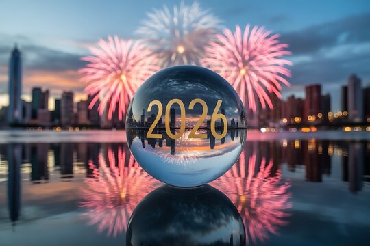 Crystal ball reflecting vibrant fireworks and city skyline with the year 2026 illuminated, signaling a bright future and celebratory moments.
