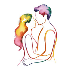Abstract watercolor couple embracing in vibrant, colorful artistic illustration