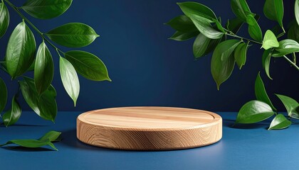 A round, wooden platform is centered against a navy background, framed by vibrant green leafy branches. Bright lighting highlights the wood grain