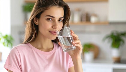 A young woman with brown hair in a pink shirt holds a glass of water indoors, smiling gently at the viewer, with a blurred kitchen background