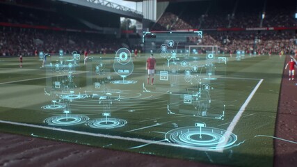 Corner kick setup with floating 3D holographic icons of tactical analysis in the foreground - Powered by Adobe