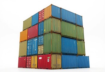 Fototapeta premium Vibrant metal cargo container tower in studio setting, design, transportation