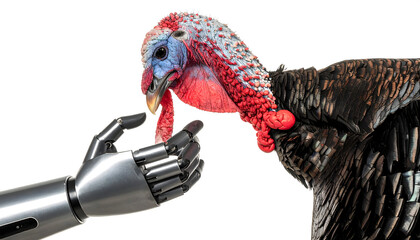 Photorealistic Turkey Claw Shaking Hands with Robotic Hand in Farm Setting, Symbol of Tradition and Technology Fusion Isolated White