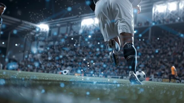 Dynamic soccer field moment with digital network icons overlaying the action in the foreground - Powered by Adobe