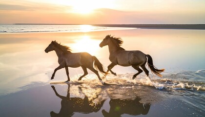 Two horses gallop through shallow water at sunset on a beach. The sky blends orange and blue, reflecting on the wet sand