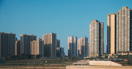 Chengdu, Sichuan, China. High-rise Houses Elevated View Cityscape Skyline. Urban Residential Areas....