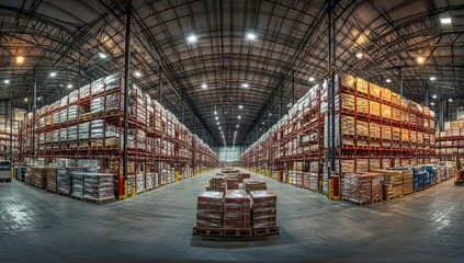 Fototapeta premium Sleek warehouse interior with high ceilings shelves pallets space.