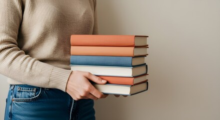Person Holding Colorful Hardcover Books Against Neutral Wall in Casual Academic Setting, National Book month