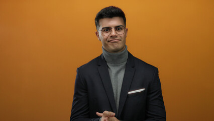 Young man in glasses and a turtleneck stands confidently against an isolated orange background,...
