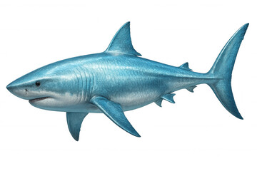 Naklejka premium Powerful great white shark gliding underwater, revealing sleek muscular body against clear luminescent backdrop