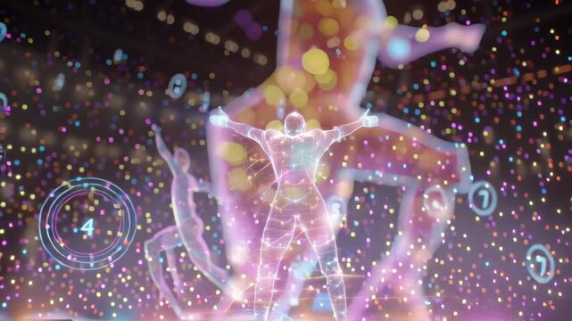 Goal celebration moment with futuristic holographic confetti icons and performance metrics in the foreground - Powered by Adobe
