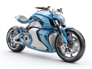 Fototapeta premium A futuristic, light-blue motorcycle with chrome accents is featured against a plain white background.