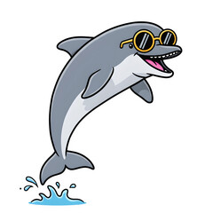 Naklejka premium Cartoon Dolphin Wearing Sunglasses Jumping from Water with Splash in Whimsical Ocean Scene