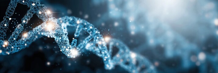 A complex representation of DNA strands illustrated with luminous particles showcases the intricate structure and importance of genetics in research.