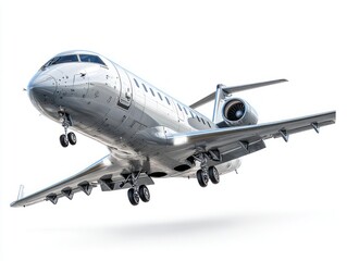 Obraz premium A sleek, silver executive jet is depicted in mid-flight against a plain white backdrop.