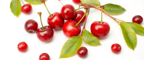 Vibrant organic acerola cherries on clean white background, product, tropical