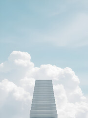 Fototapeta premium A light gray stairway floats amidst fluffy white clouds against a light blue sky