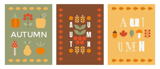 Simple autumn posters set with flat icons of geometric fall leaves, vegetables, fruits and berries. Harvest festival poster. Vertical sale banner, cover, card, flyer for autumn seasonal holiday