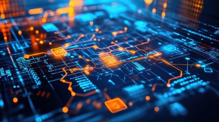 High-tech circuit board with glowing data flow and connections