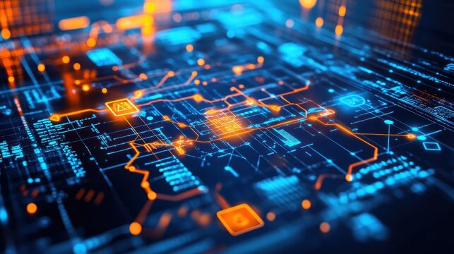 High-tech circuit board with glowing data flow and connections